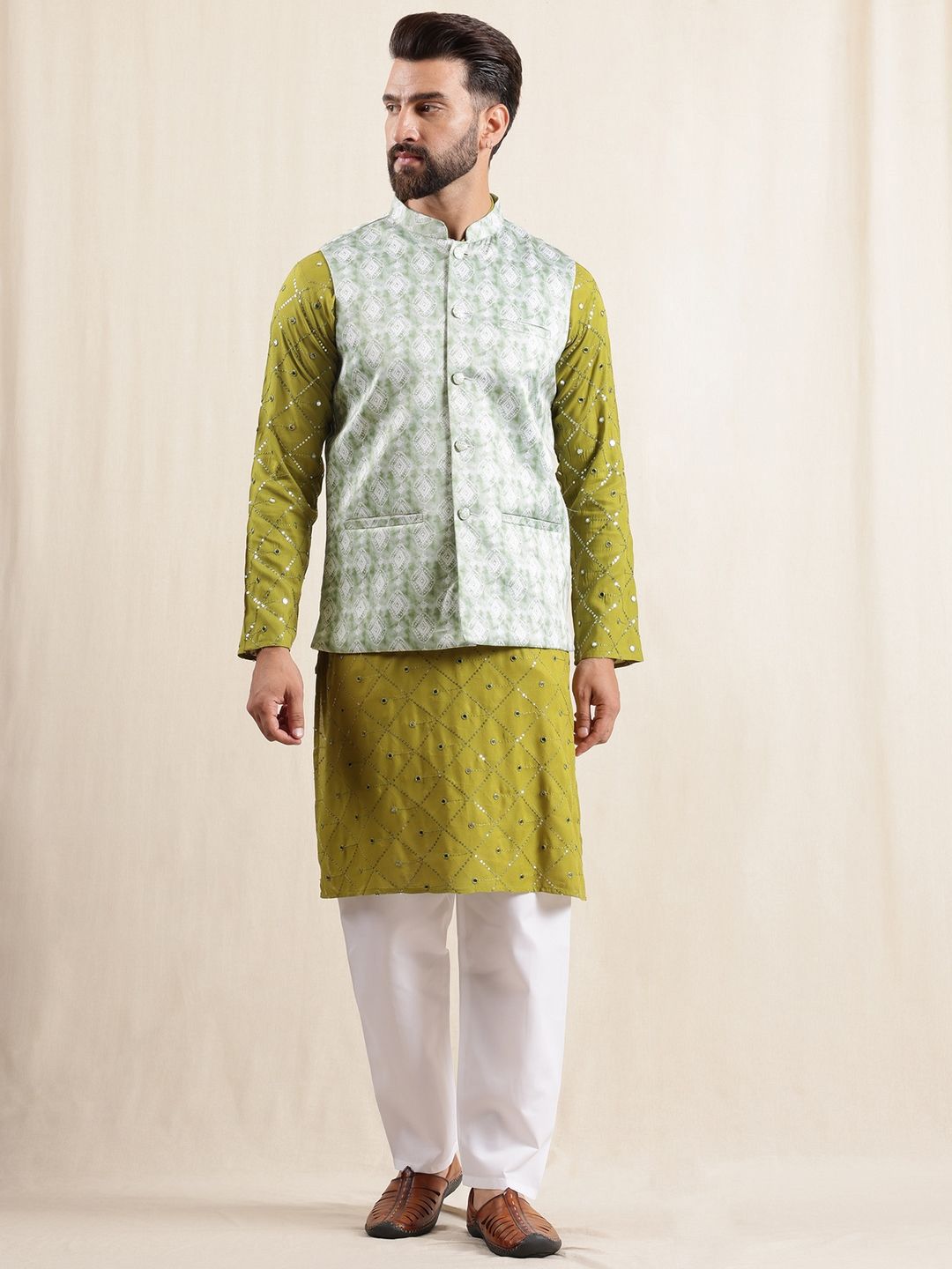 Anouk Men Embellished Regular Pure Cotton Kurta with Pyjamas With Nehru Jacket