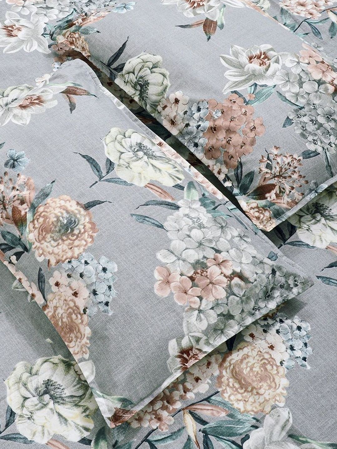 KLOTTHE Grey Floral Fitted Double Bedsheet with 2 Pillow Covers
