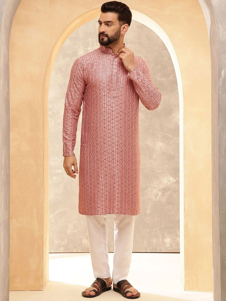 SOJANYA Ethnic Motifs Embroidered Mandarin Collar Sequinned Straight Kurta With Pyjamas