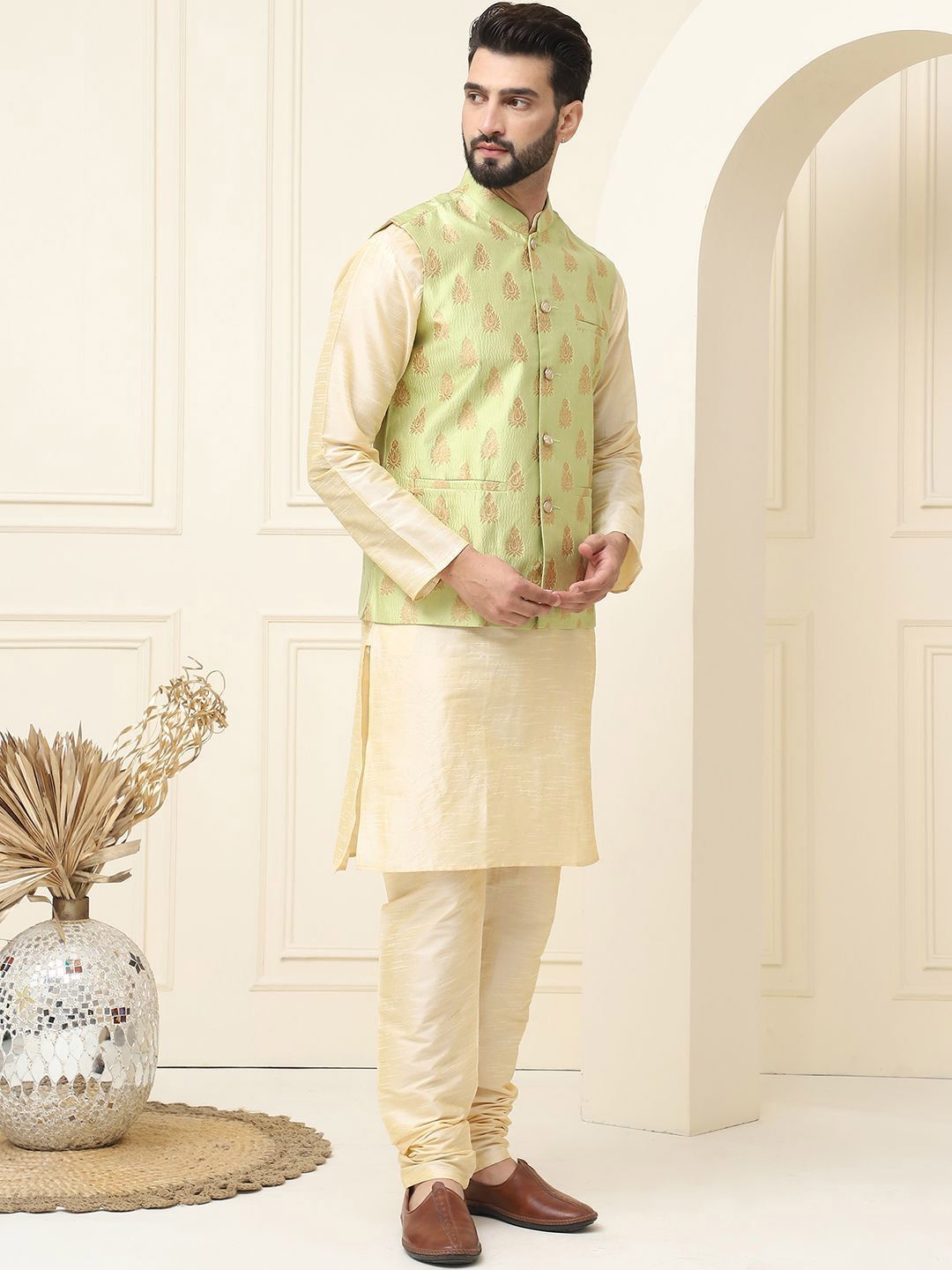 SOJANYA Mandarin Collar Zari Silk Cotton Straight Kurta with Pyjamas & Nehru jacket