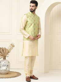 SOJANYA Mandarin Collar Zari Silk Cotton Straight Kurta with Pyjamas & Nehru jacket