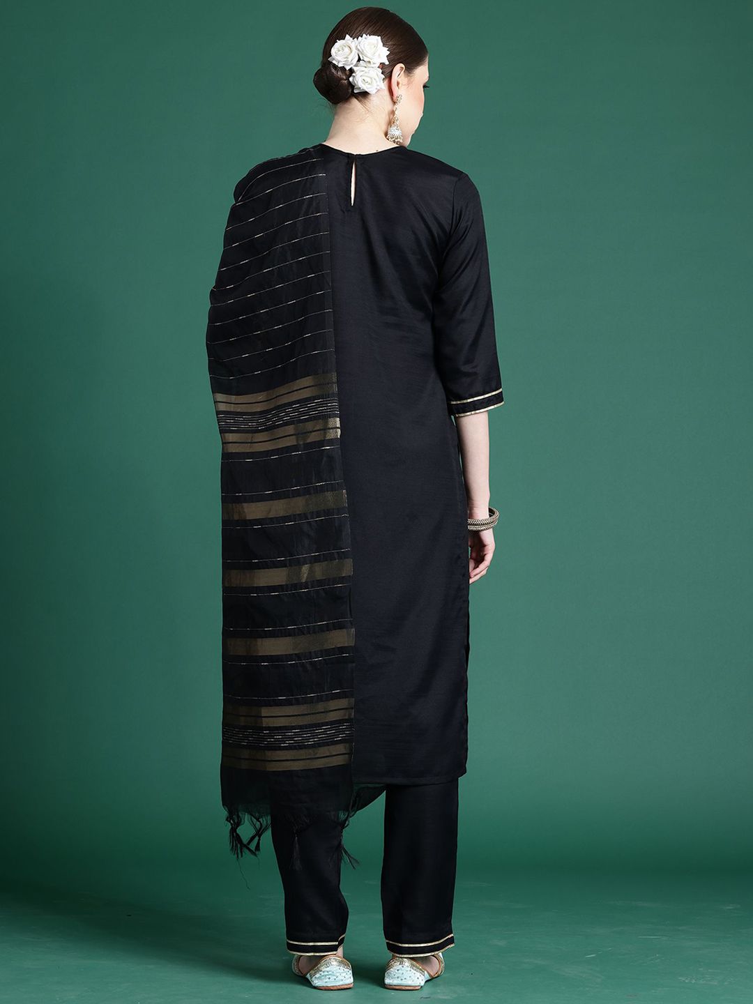 Indo Era Yoke Design Straight Pure Cotton Zari Kurta with Trousers & Dupatta