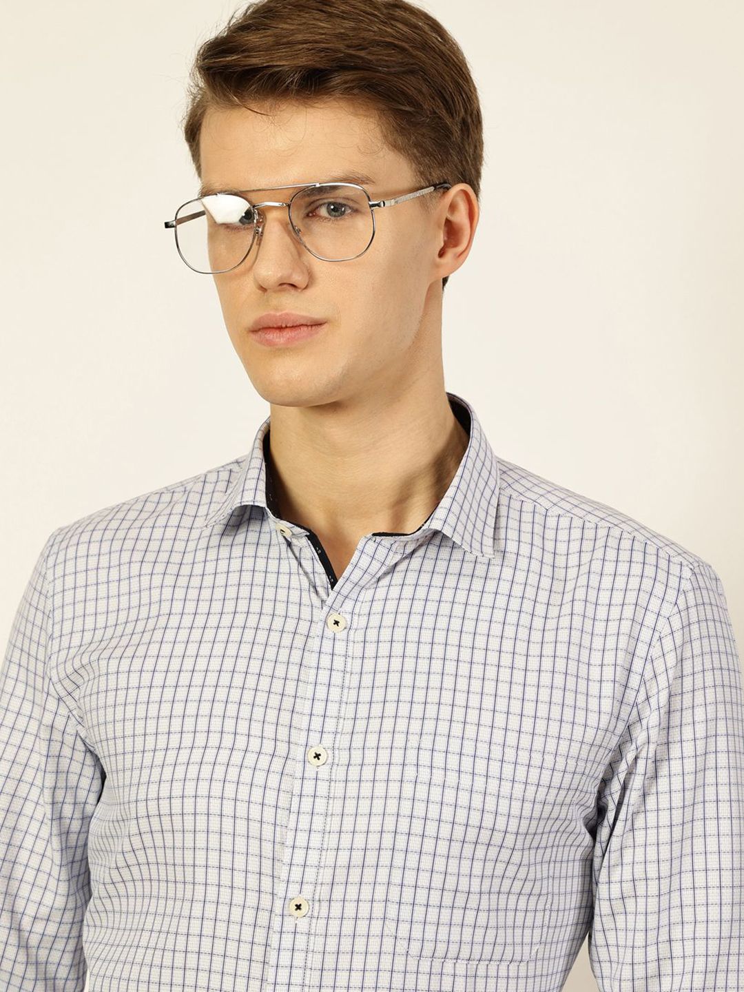 Thomas Scott Men Smart Cutaway Collar Gingham Checked Cotton Formal Shirt