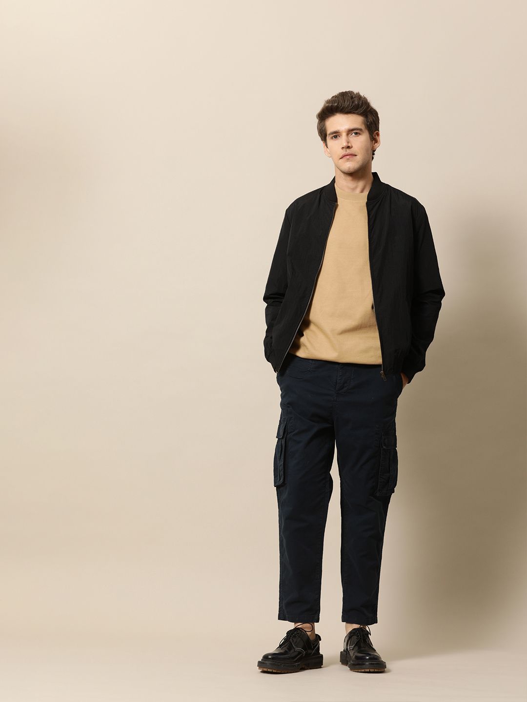 Mr Bowerbird Men Black Solid Lightweight Mandarin Collar Bomber Jacket