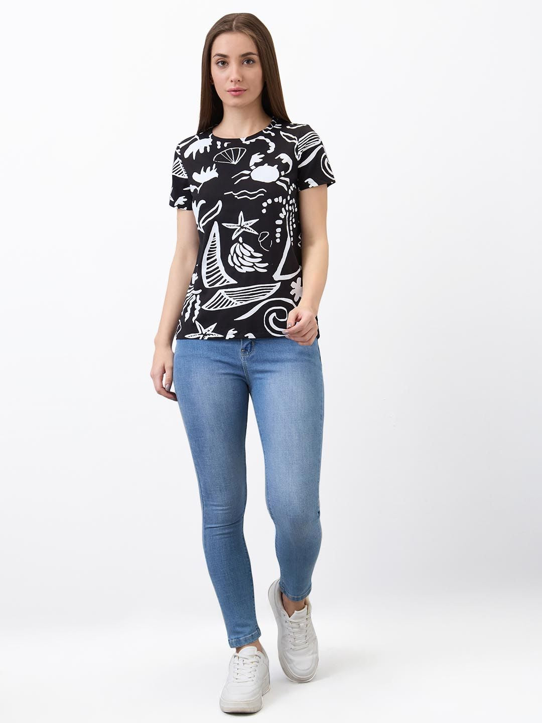 SPYKAR Women Regular Fit Abstract Printed Round Neck Cotton T-shirt