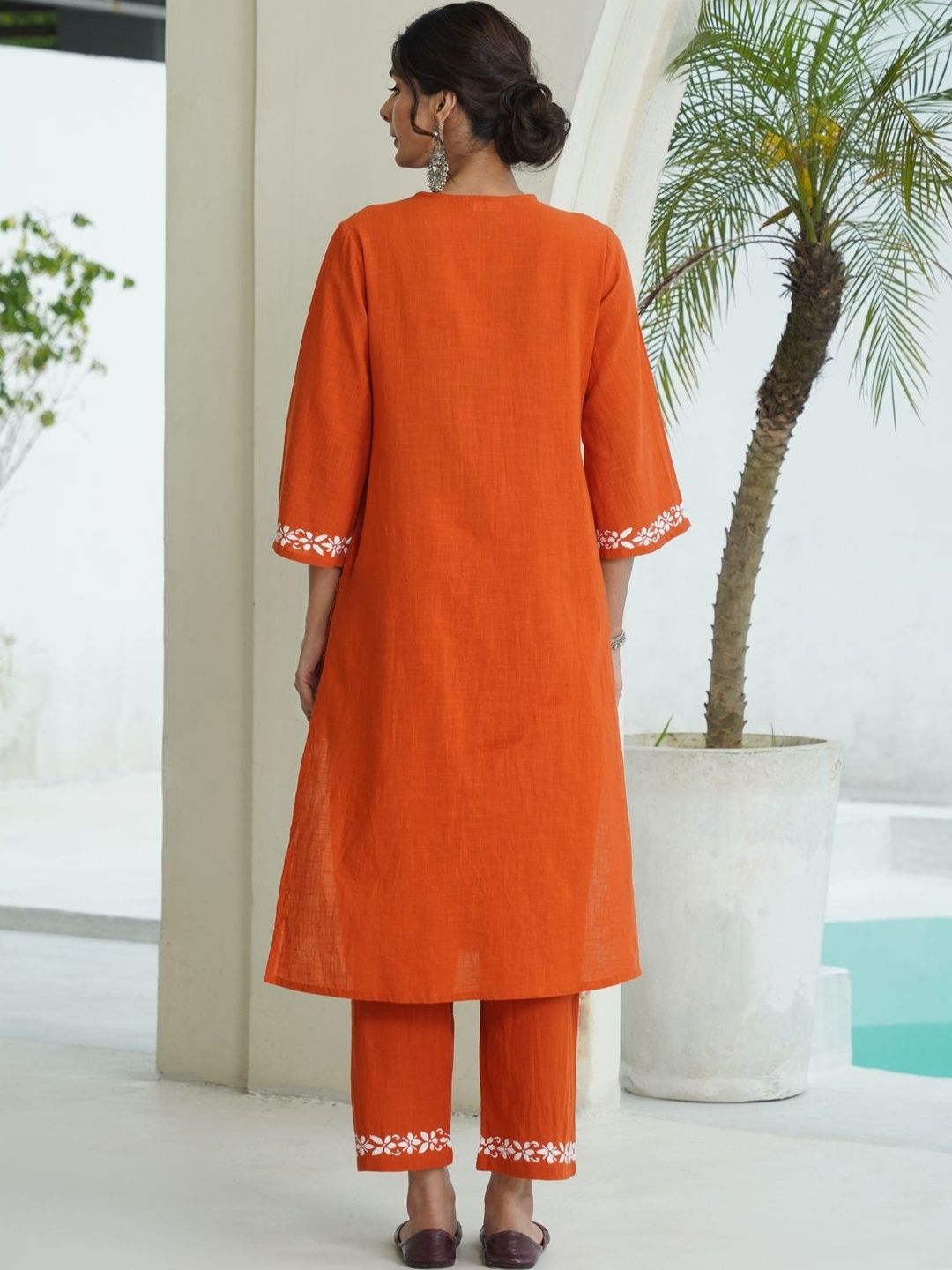 House of Chikankari Wanita 2 Keping Kurta Kapas Tulen Biasa dengan Set Seluar