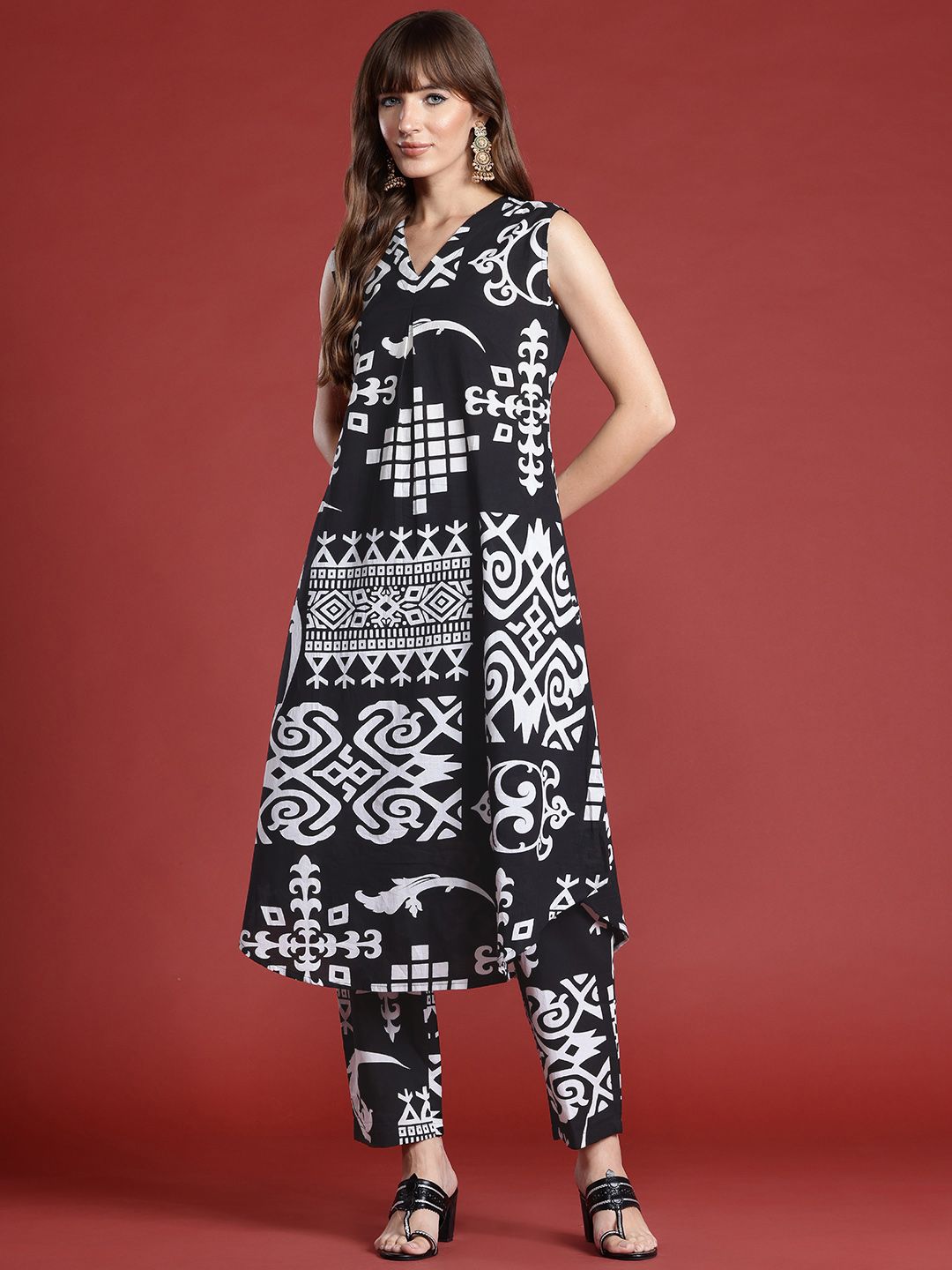Indo Era Ethnic Motifs Printed Pleated Pure Cotton Kurta with Trousers