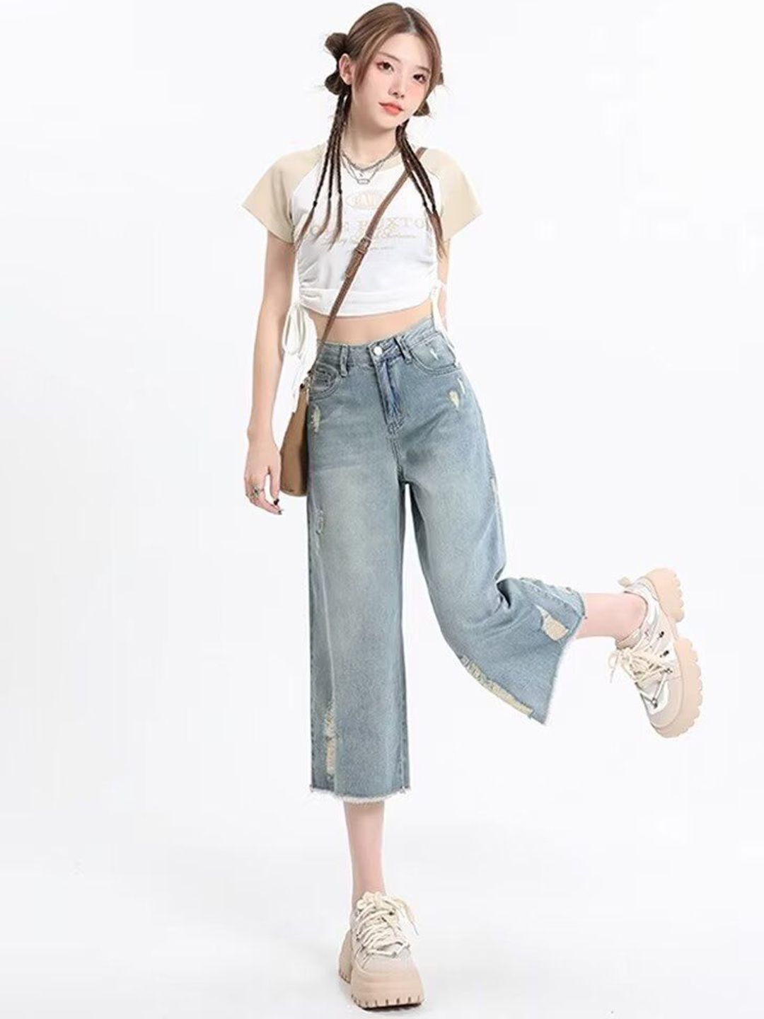 DressBerry Women Straight Fit Low Distress Light Fade Jeans