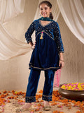 pspeaches Girls Floral Embroidered Sequinned Velvet Kurta with Trousers & Dupatta