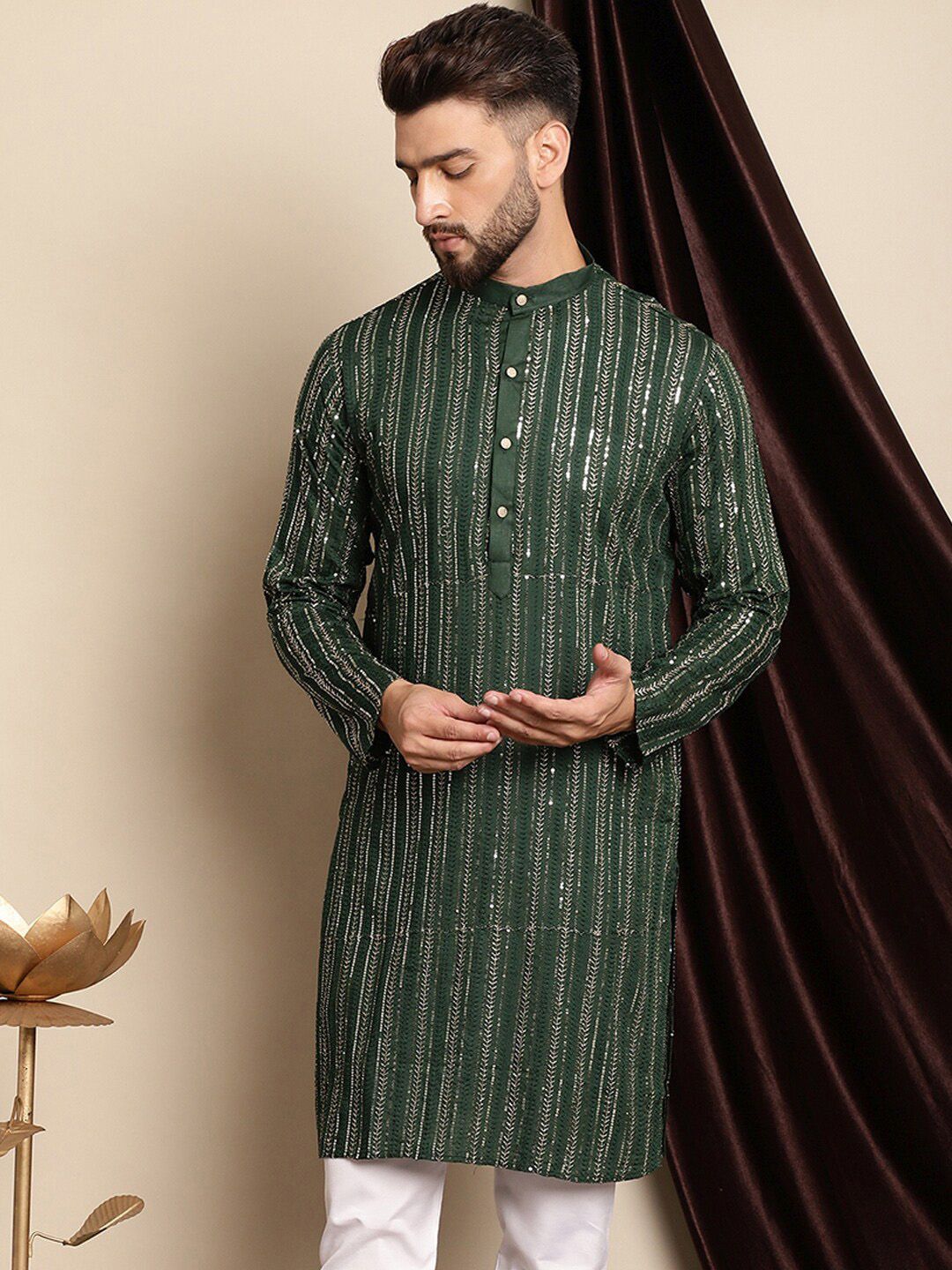 Anouk Embellished Band Collar Sequins Detail Cotton Straight Kurta