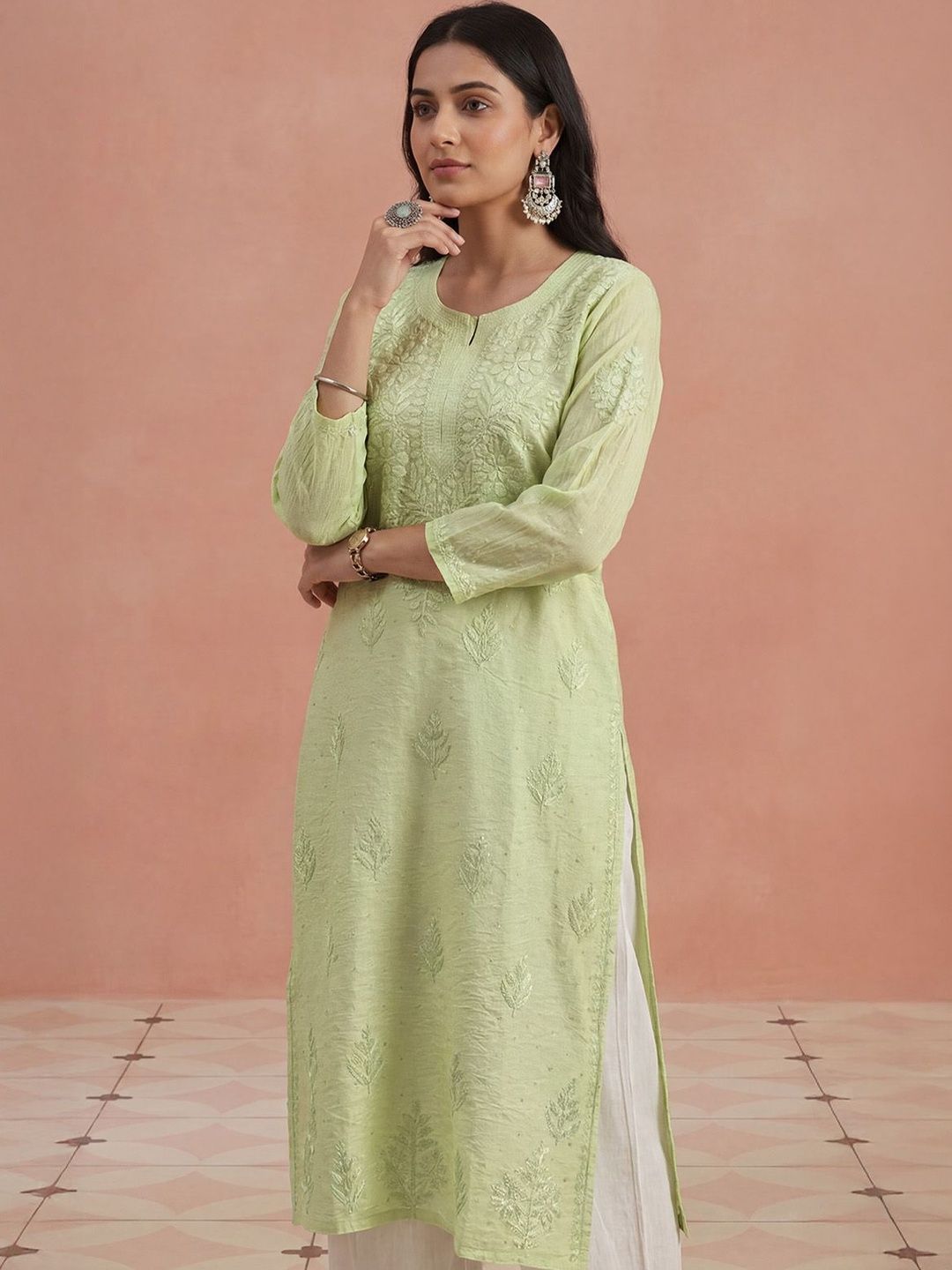 House of Chikankari Women Ethnic Motifs Embroidered Thread Work Chanderi Silk Kurta