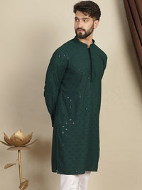 Anouk Green Geometric Sulam Kolar Mandarin Lengan Panjang Kurta Kapas Labuci