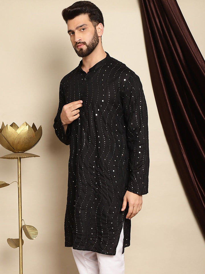 Anouk Black Embellished Mirror Work Mandarin Collar Pure Cotton Kurta