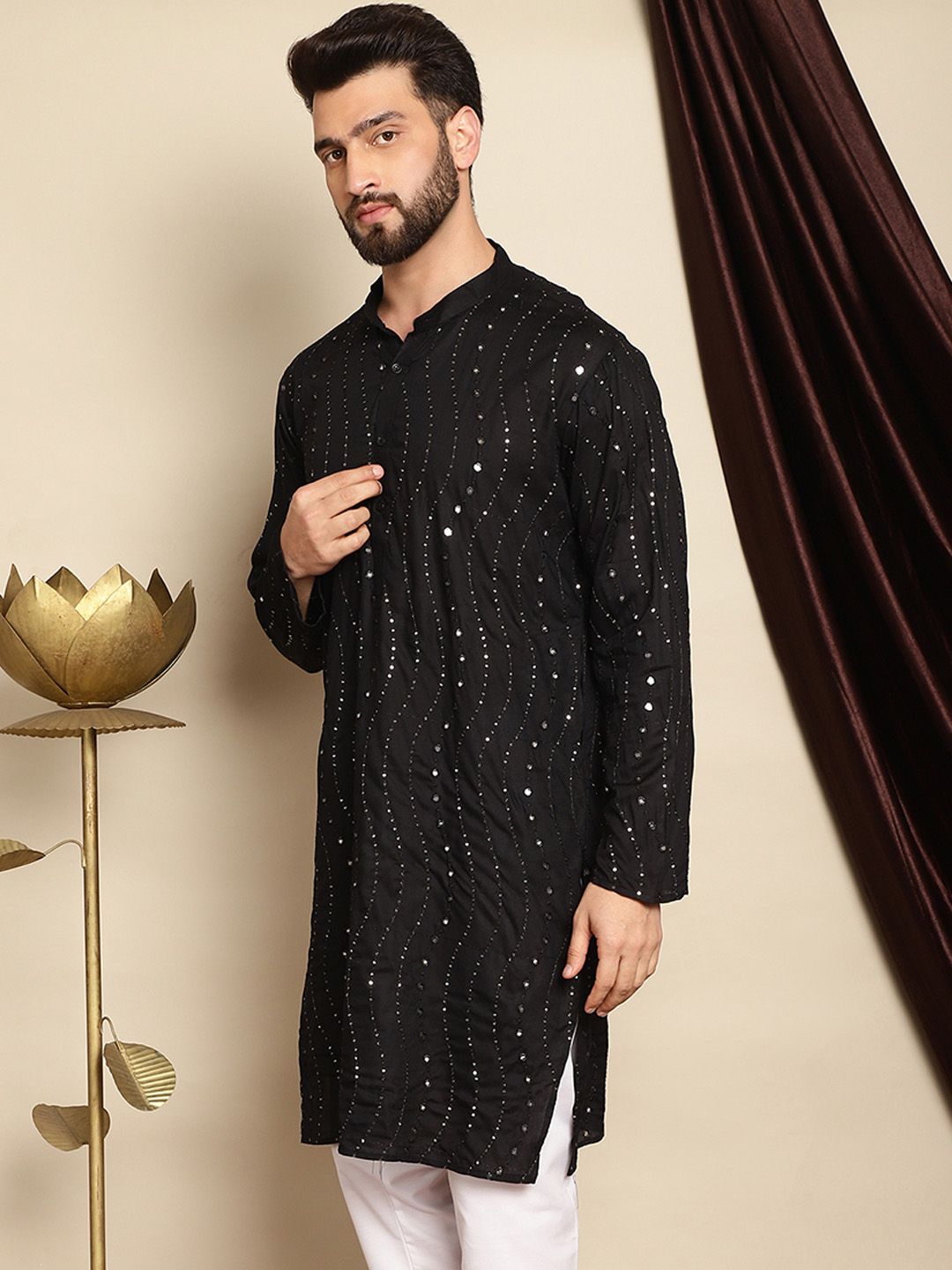 Anouk Black Embellished Mirror Work Mandarin Collar Pure Cotton Kurta