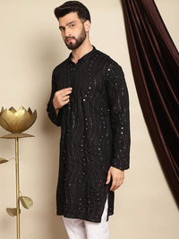 Anouk Black Embellished Mirror Work Mandarin Collar Pure Cotton Kurta