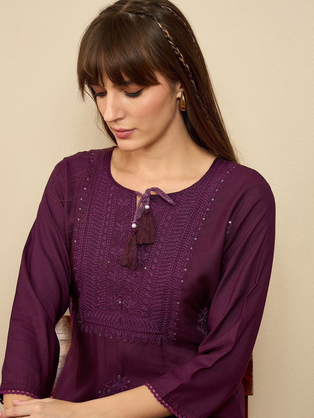 Indo Era Burgundy Floral Embroidered Tie Up Neck Straight Kurta