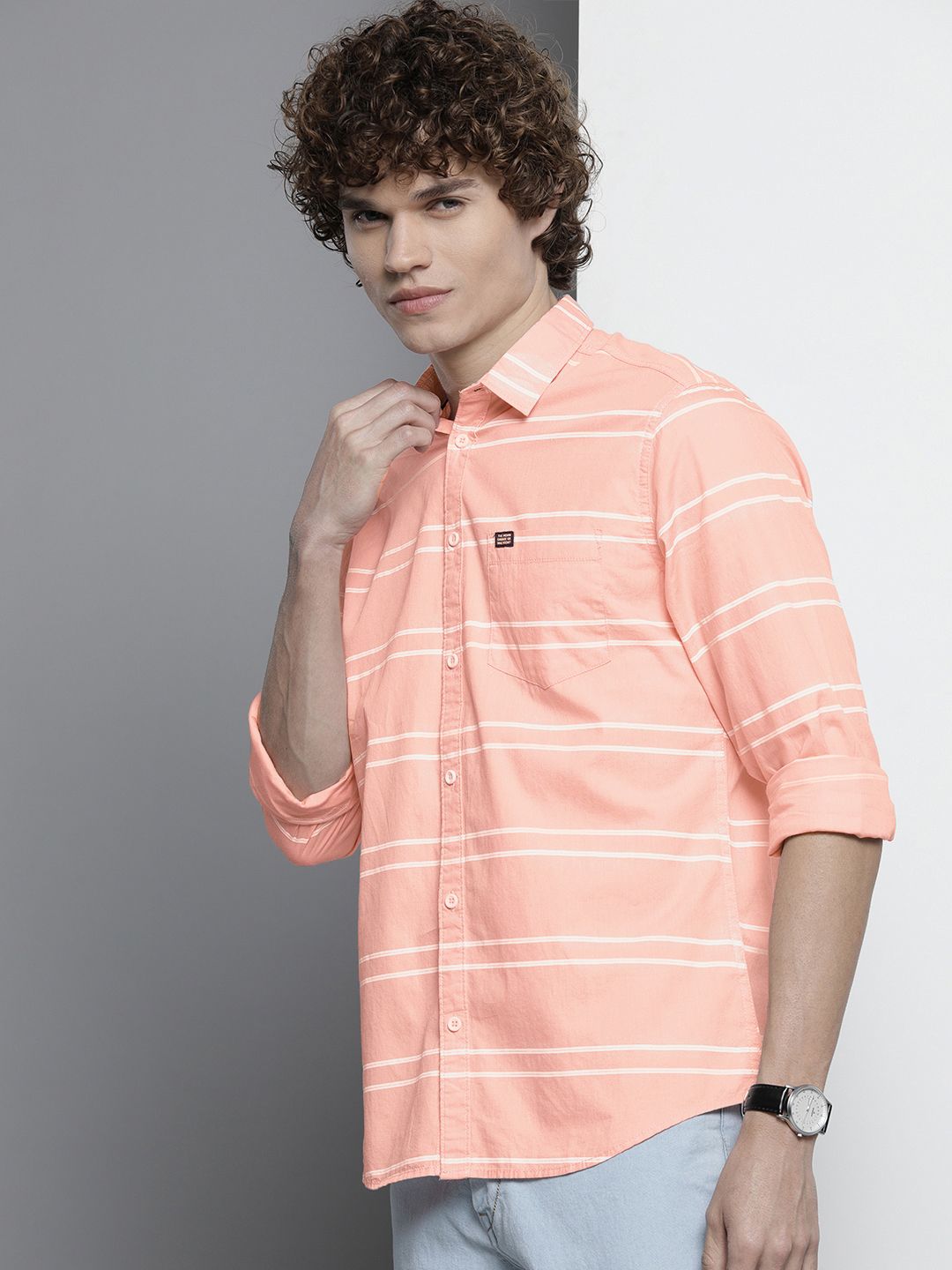 The Indian Garage Co Men Peach-Coloured Horizontal Striped Casual Shirt