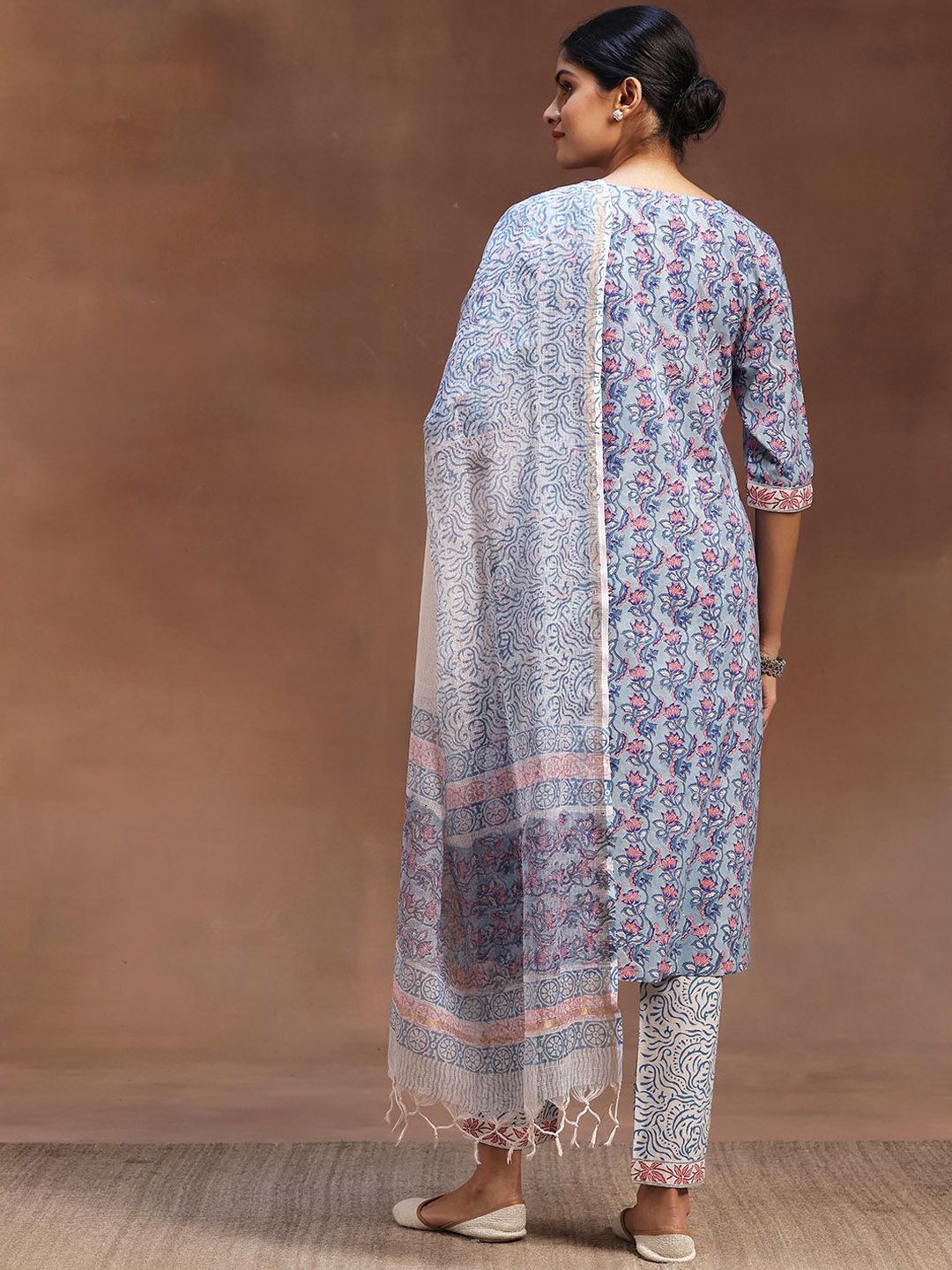 Libas Floral Printed Gotta Patti Pure Cotton Straight Kurta with Trousers & Dupatta
