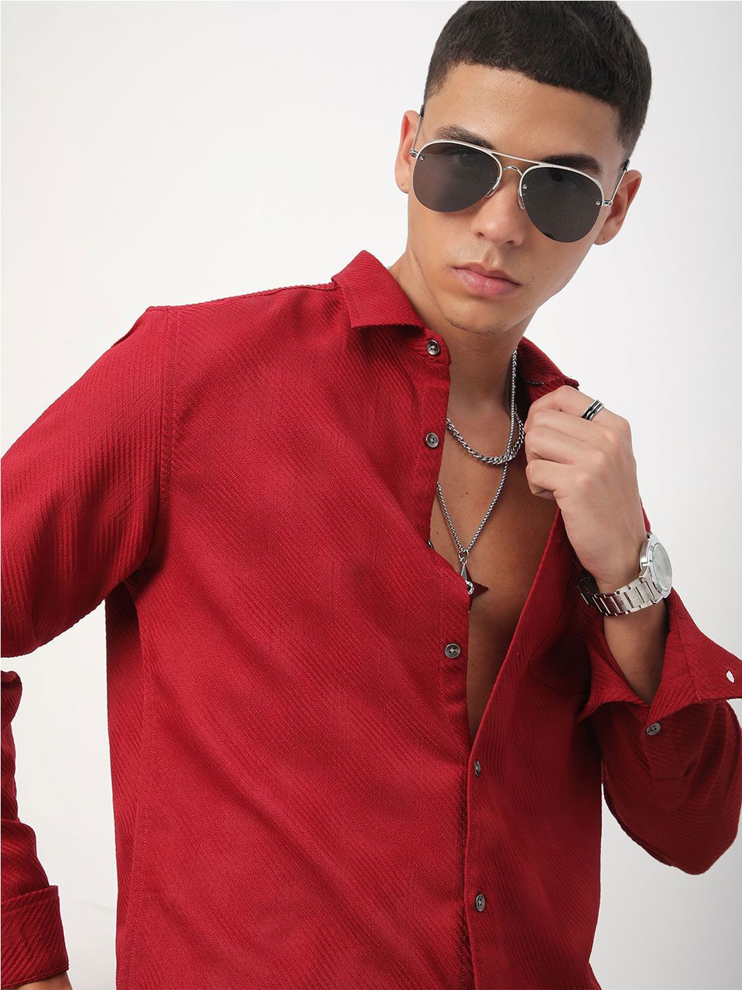 VASTRADO Men Classic Spread Collar Textured Slim Fit Casual Shirt