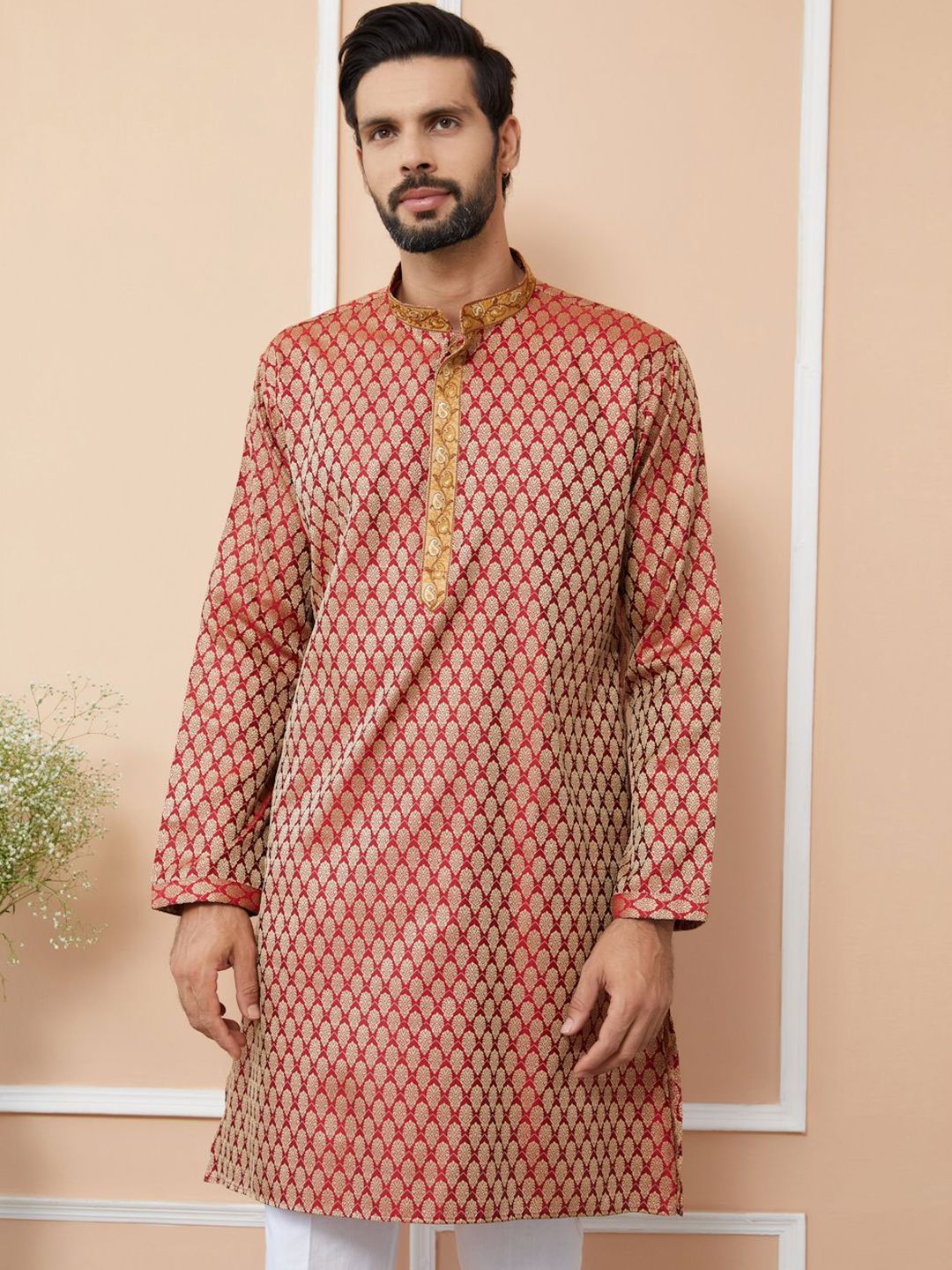 See Designs Ethnic Motifs Printed Mandarin Collar Jacquard Silk Straight Kurta