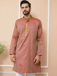 See Designs Ethnic Motifs Printed Mandarin Collar Jacquard Silk Straight Kurta