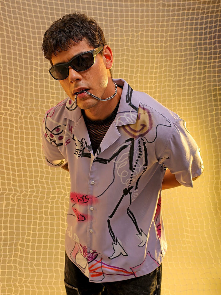 The Indian Garage Co Men Cuban Collar Graphic Printed Oversized Casual Shirt