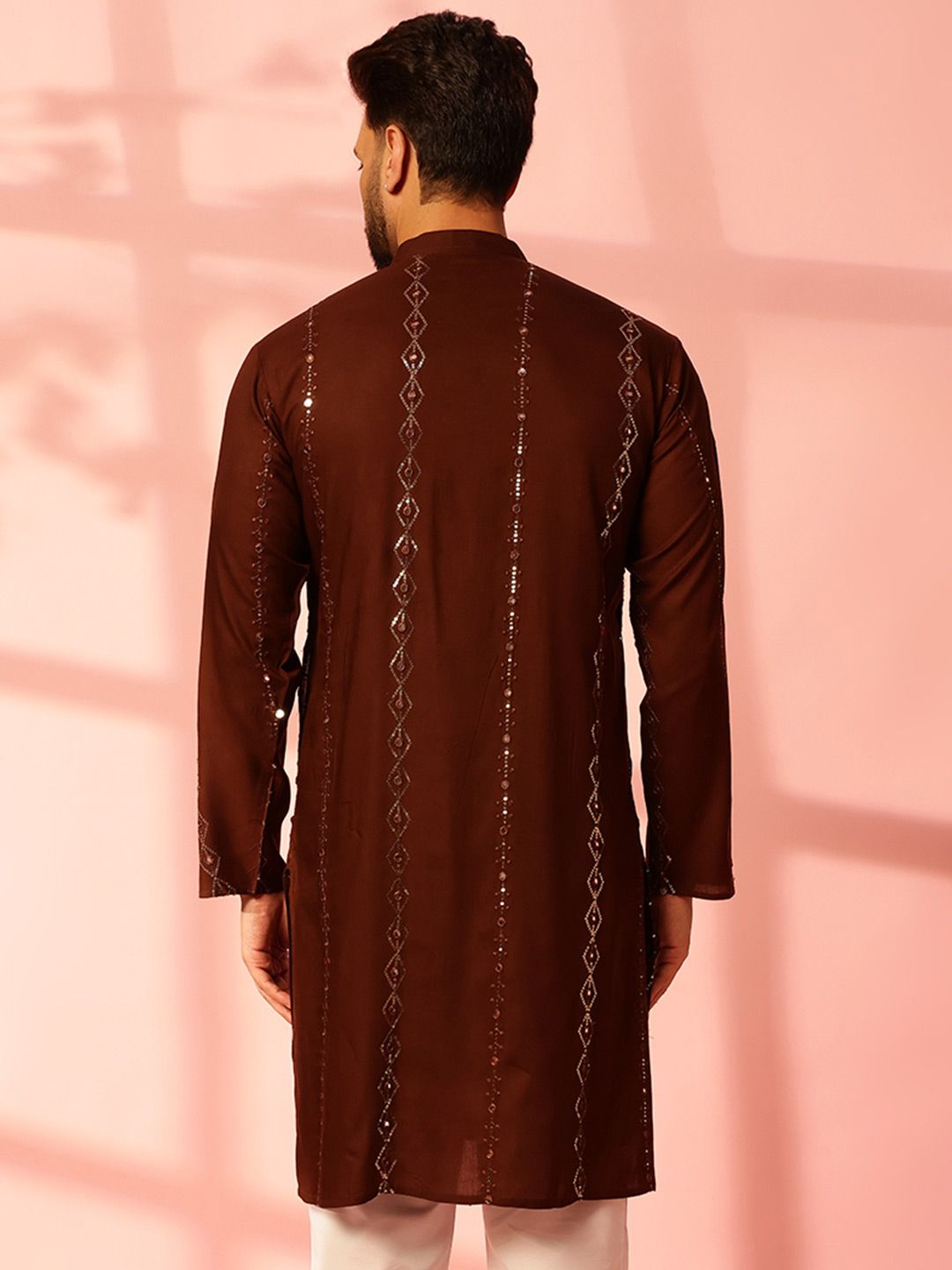 Anouk Striped Embroidered Mandarin Collar Sequinned Cotton Kurta