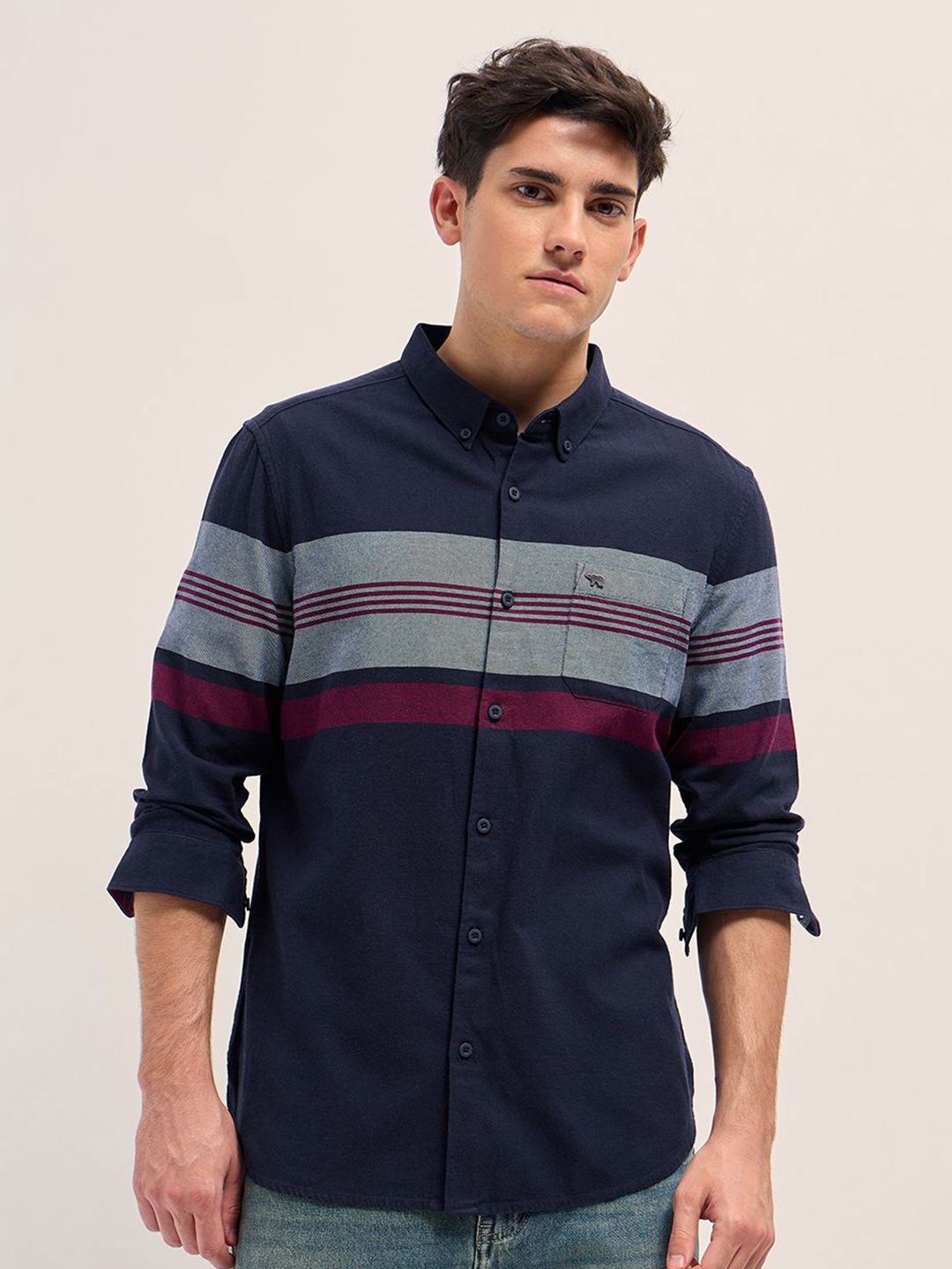 THE BEAR HOUSE Men Button-Down Collar Multi Striped Cotton Slim Fit Casual Shirt