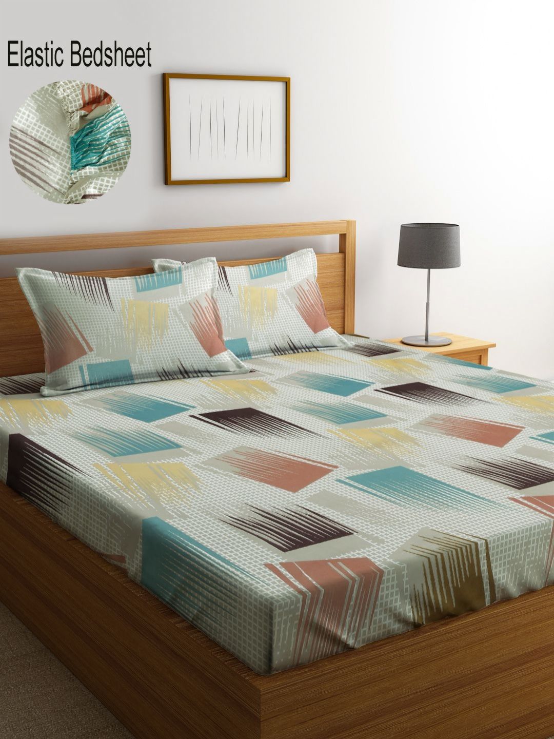 Myntra Elegant Homes Grey & Green Printed 300 TC Fitted King Bedsheet Set 2.45 x 2.25 m