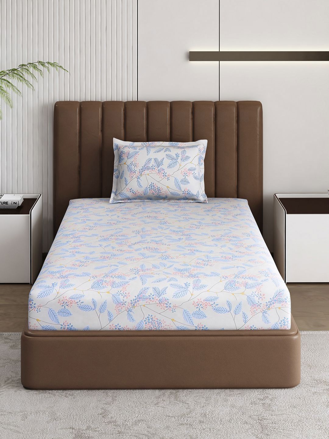 Monte Carlo Pixel Blue & White Floral Printed 120 TC Single Bedsheet Set 1.52 m x 2.30 m