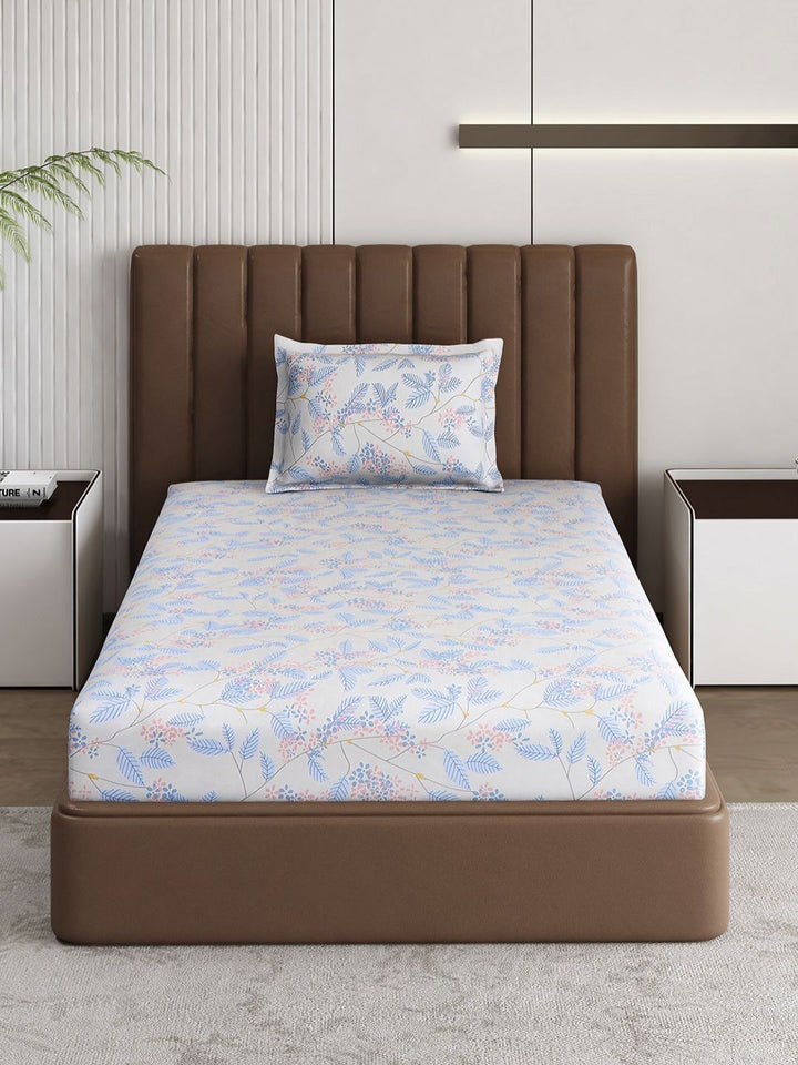 Monte Carlo Pixel Blue & White Floral Printed 120 TC Single Bedsheet Set 1.52 m x 2.30 m