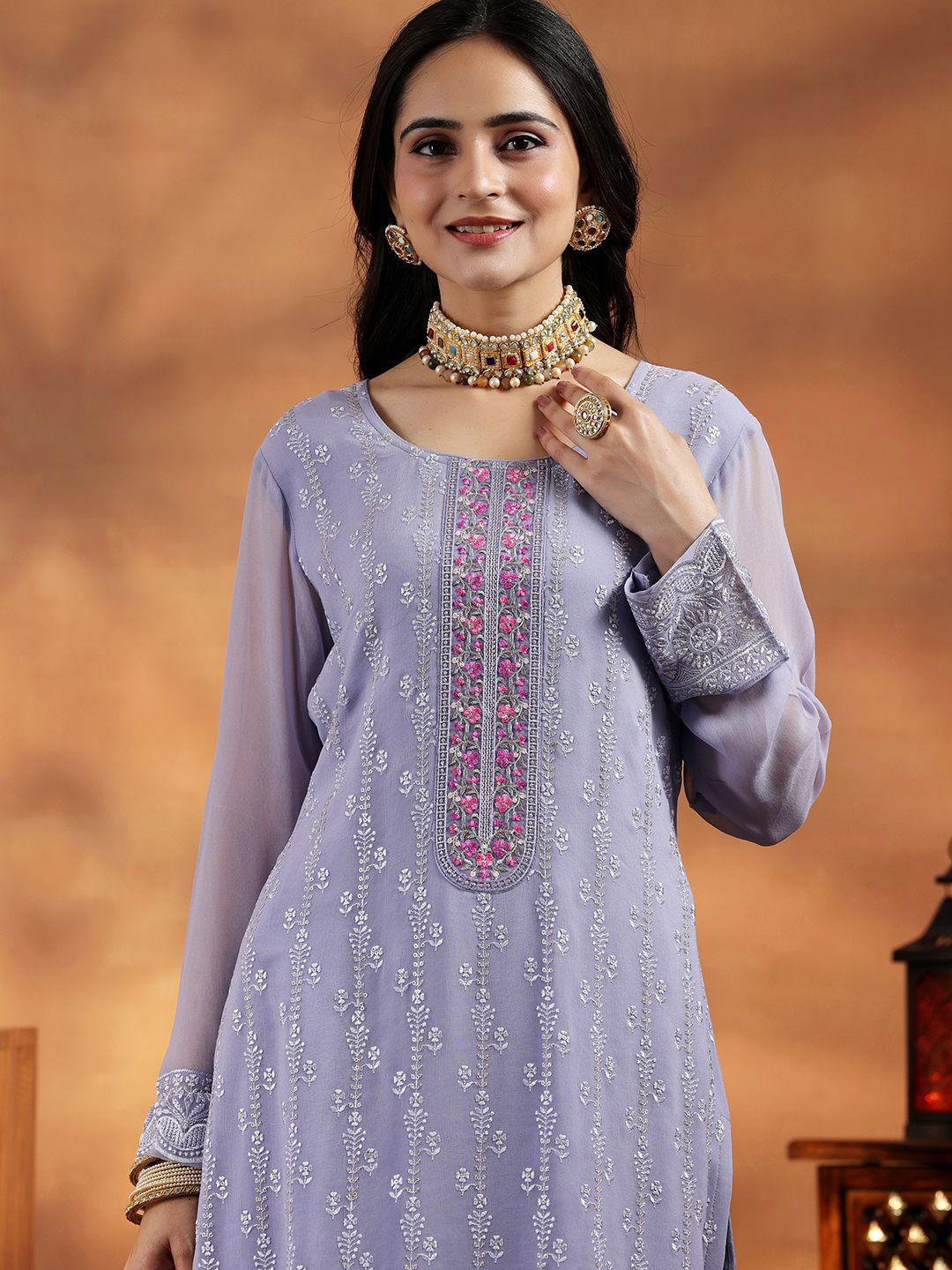 Libas Women Floral Embroidered Regular Thread Work Kurta with Trousers & With Dupatta