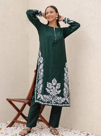 HOUSE OF KARI Floral Embroidered Chikankari Straight Kurta with Trousers