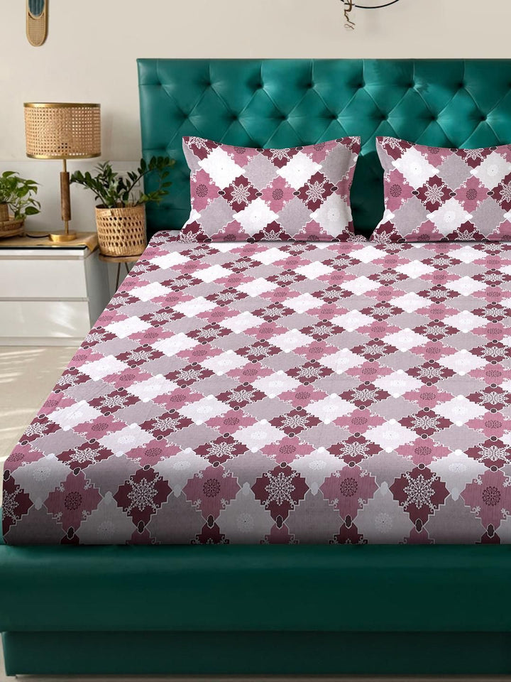 KLOTTHE Motif Etnik Merah Jambu Kapas Tulen 400 TC Cadar Halus King dengan 2 Sarung Bantal-98 x 89 inci