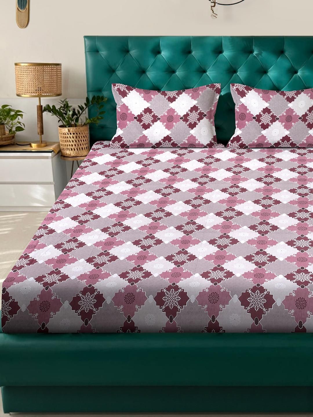KLOTTHE Motif Etnik Merah Jambu Kapas Tulen 400 TC Cadar Halus King dengan 2 Sarung Bantal-98 x 89 inci