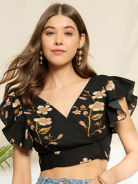Berrylush Floral Print Ruffles Styled Back Crop Top
