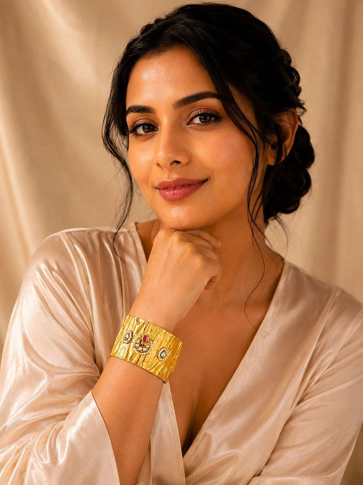 PANASH Women Brass Antique Gold-Plated Cuff Bracelet