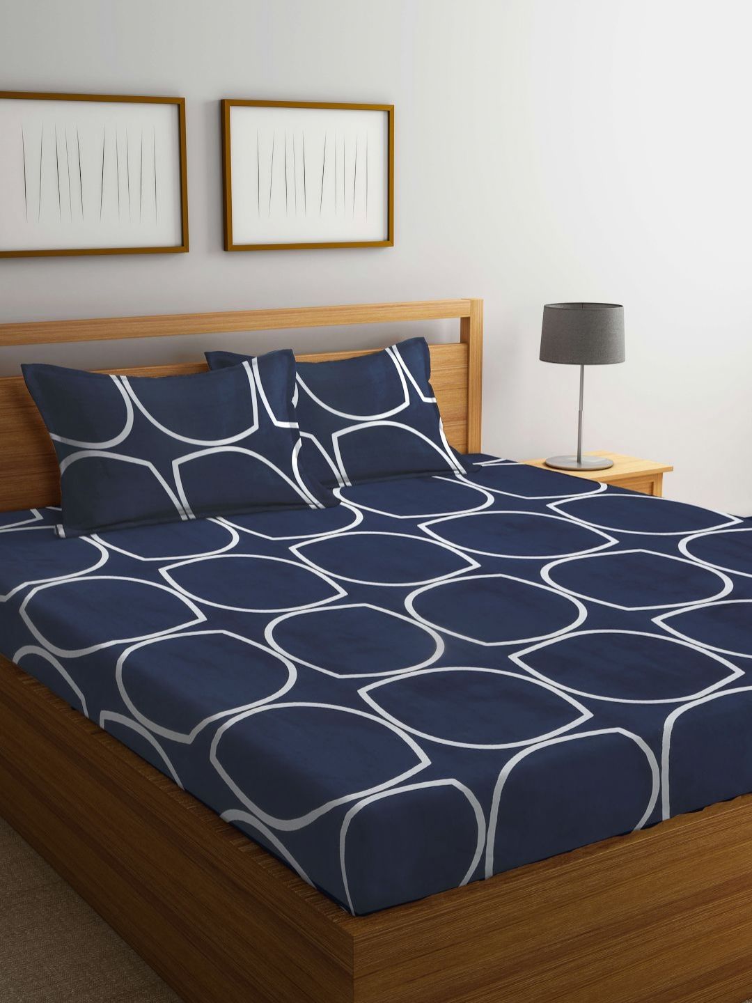 Myntra Elegant Homes Blue & White Geometric 300 TC King Bedsheet with 2 Pillow Covers