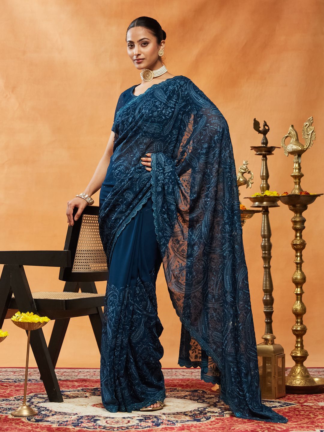 kasee Tenunan Design Bersulam Tulen Georgette Saree