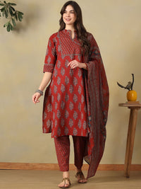 Mamicha Women Ethnic Motifs Printed Angrakha Mirror Work Pure Cotton Kurta with Trousers & With Dupatta