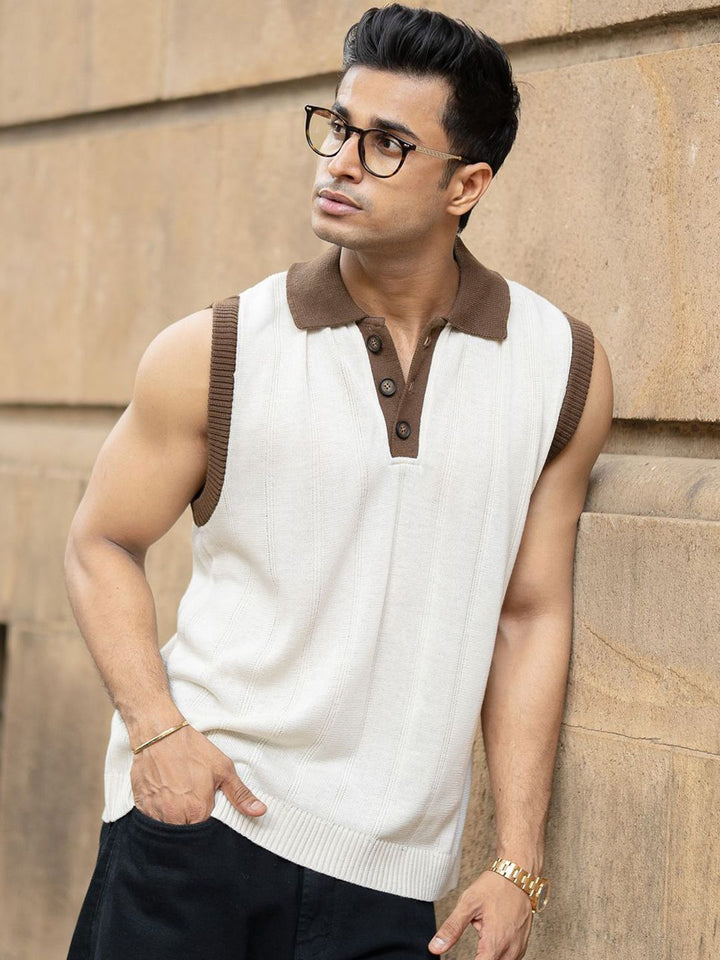 Powerlook Men Cream Contrast Collar Knit Sando