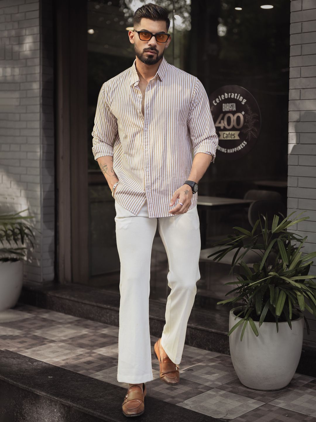Powerlook Men Spread Collar Vertical Striped Cotton Casual Shirt
