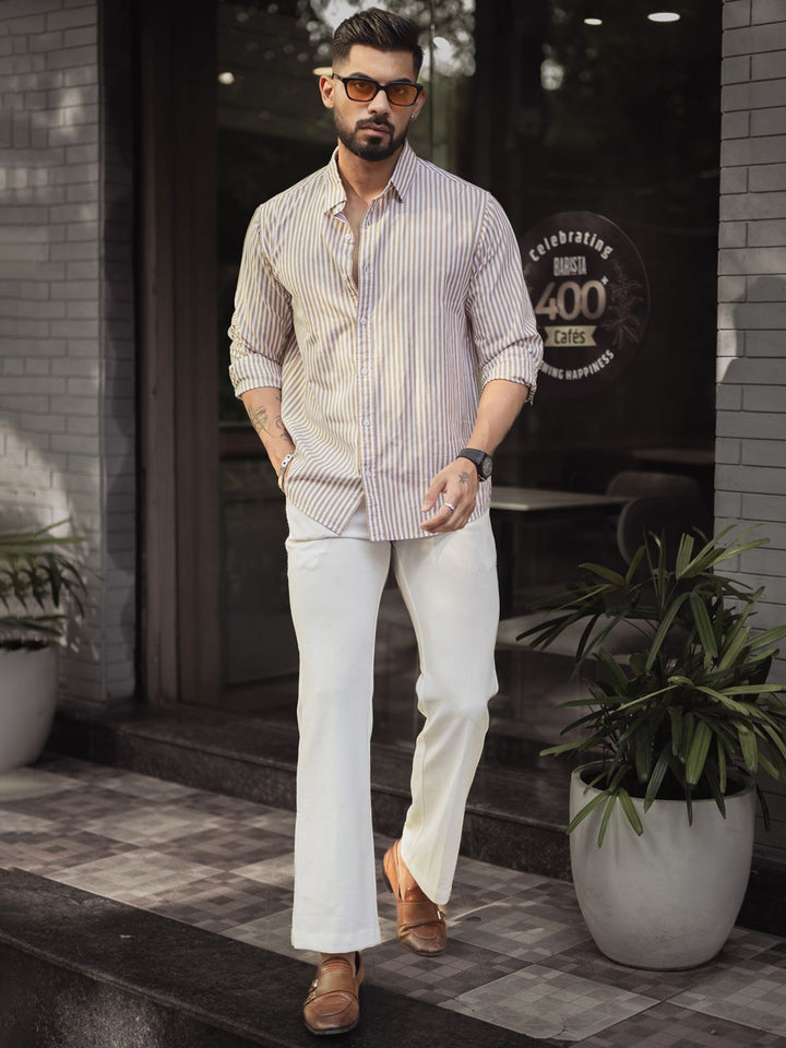Powerlook Men Spread Collar Vertical Striped Cotton Casual Shirt