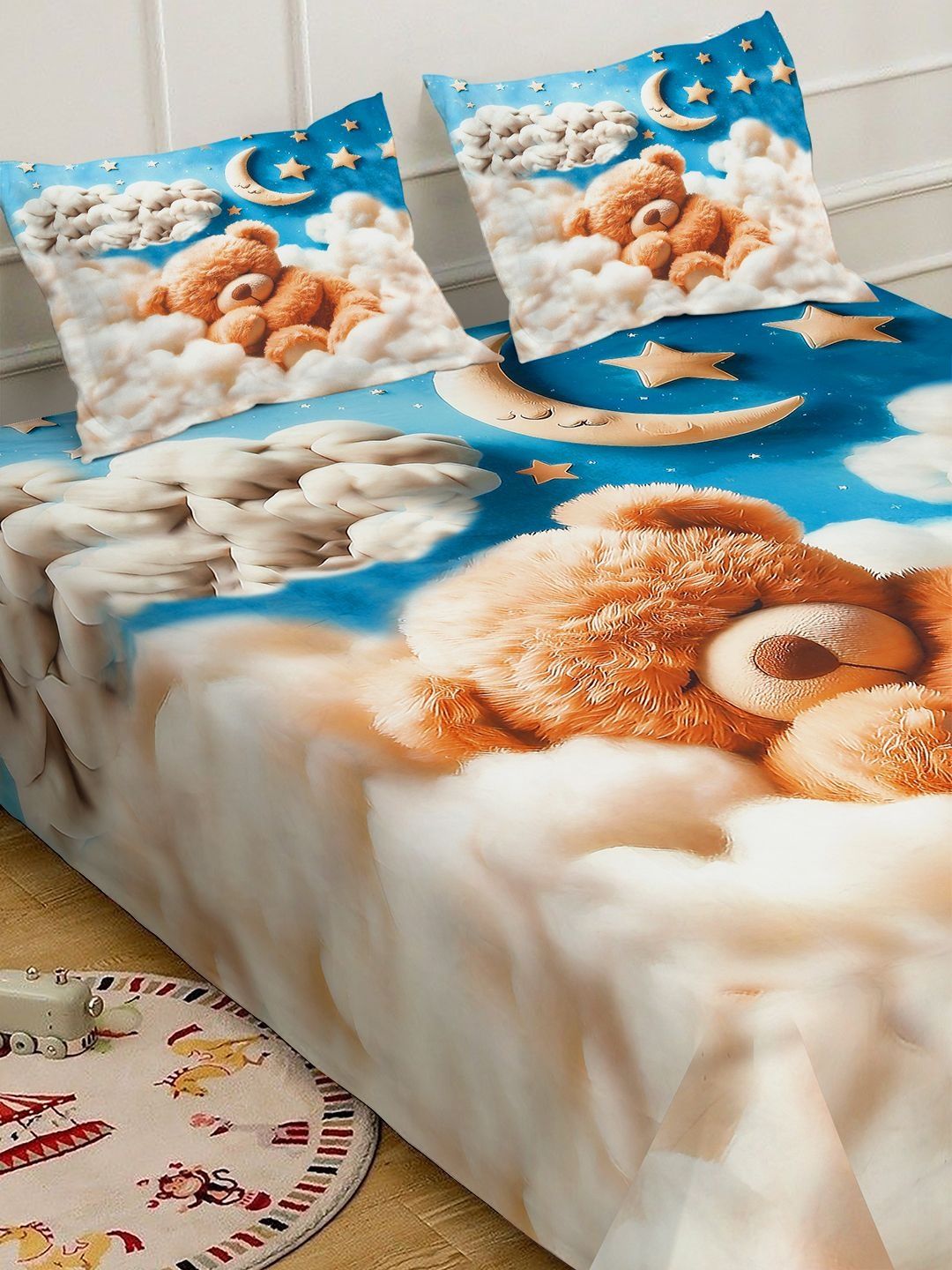 Cetakan Kartun Biru & Coklat Dilengkapi Cadar Katil King 7D 400 TC Double Dengan 2 Sarung Bantal