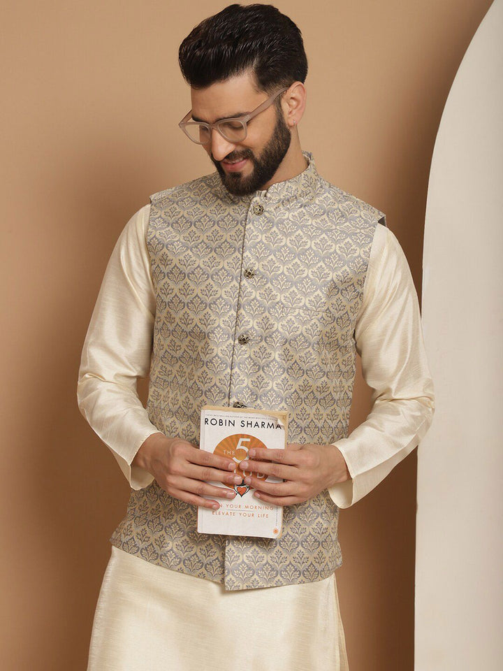 Anouk Woven Design Straight Kurta with Churidar & Nehru Jacket