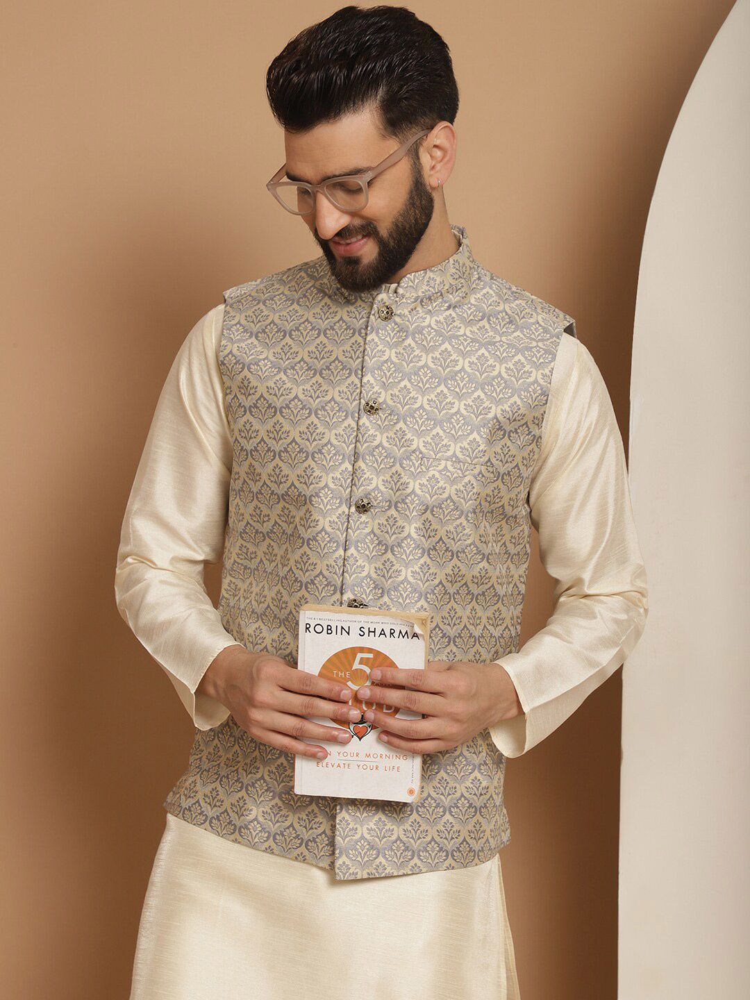 Anouk Woven Design Straight Kurta with Churidar & Nehru Jacket