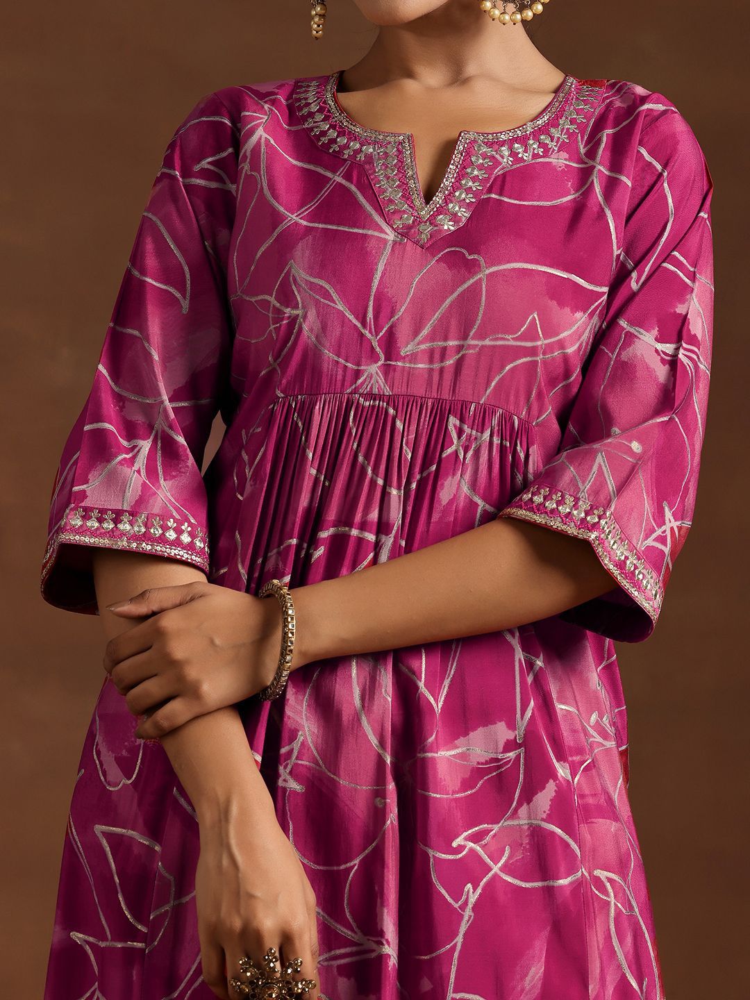 Libas Floral Printed Notch Neck Sequinned A-Line Kurta