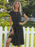 DressBerry Polka Dot Print Belted A-Line Midi Dress