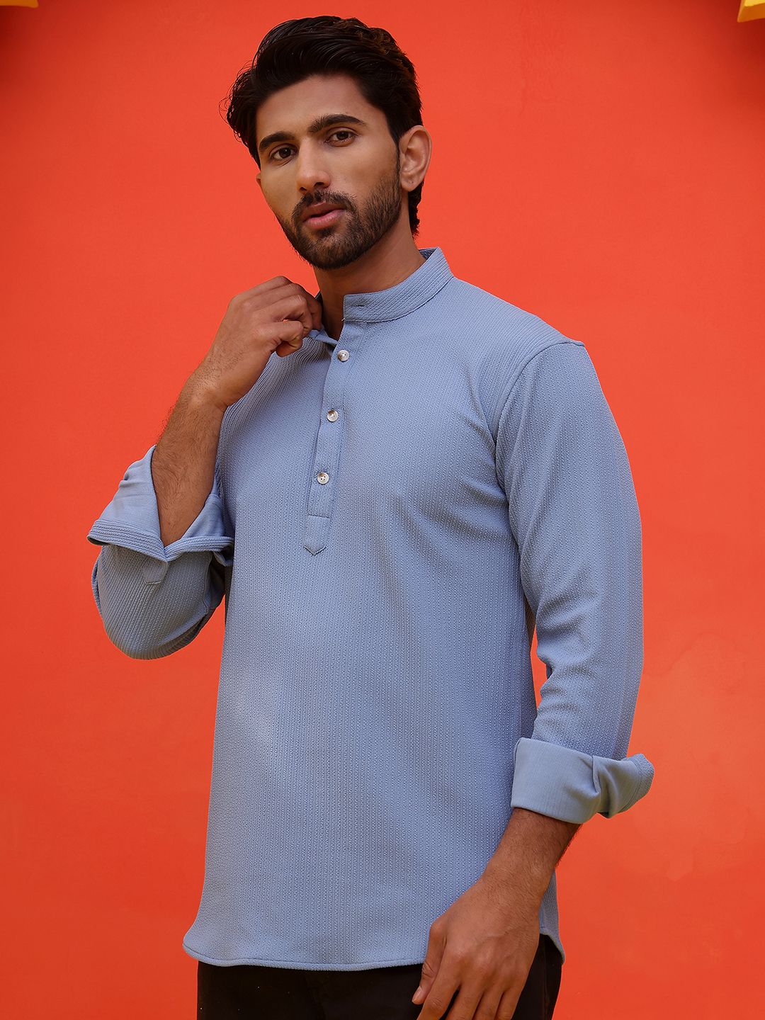 Jompers Striped Band Collar Long Roll-Up Sleeves Straight Kurta