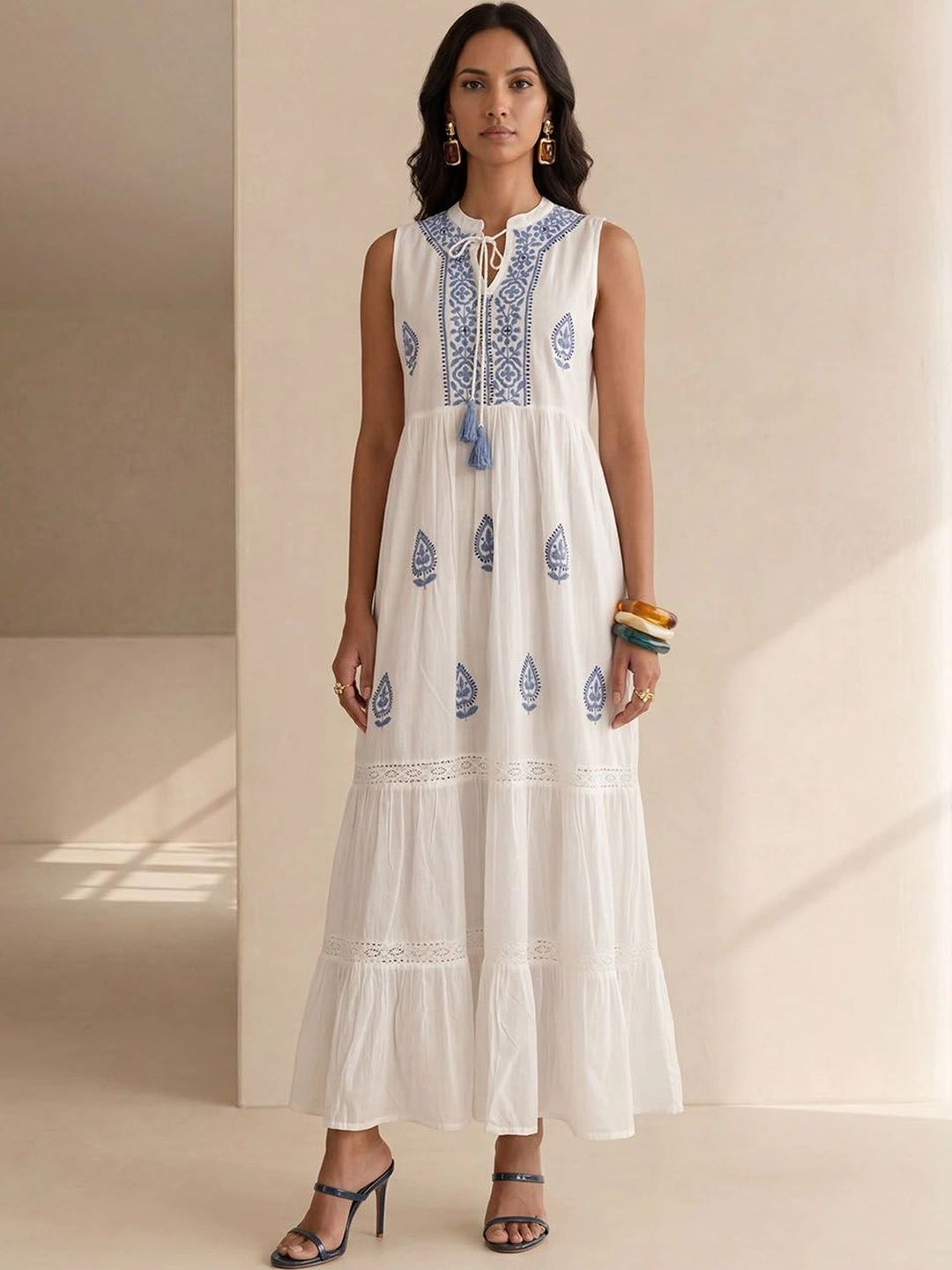 House of Chikankari Ethnic Motifs Embroidered Ruffled Maxi Dress